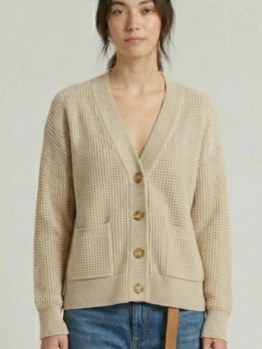 Evereve Waffle Knit Cardigan Sweater Pockets Oatmeal Baggy Small